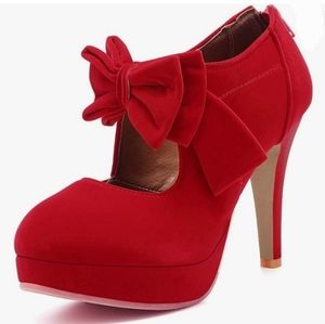 Pin up Vintagr Bowtie Nubuck Suede Platform High Heel Stalletos Vibrant Red